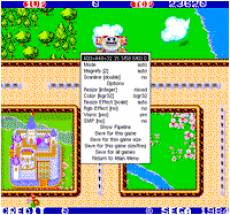 Éditeur de configuration d'un jeu rétro sur AdvanceMAME affichant écrans de jeu, paramètres graphiques et options de sauvegarde