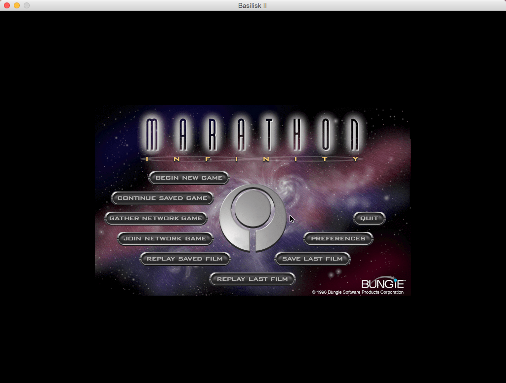 Écran de démarrage du jeu Marathón Infinity par Bungie avec menu principal affichant diverses options de jeu