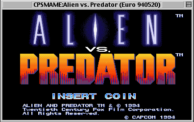 Affichage écran titre du jeu vidéo Alien versus Predator pour borne d'arcade, édition Euro 1994, invitant à insérer une pièce
