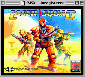 Couverture du jeu vidéo "Laser Squad" montrant trois soldats futuristes armés en position de combat sur fond coloré