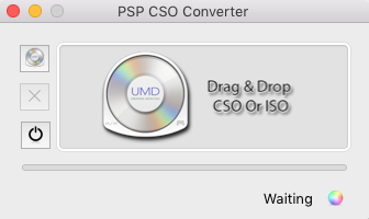 Interface de conversion PSP CSO permettant de glisser-déposer des fichiers CSO ou ISO pour conversion, affichant un message "Waiting