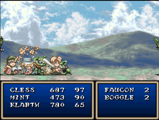 Capture d'écran du jeu Tales of Phantasia montrant un combat avec les personnages Cless, Mint et Klarth