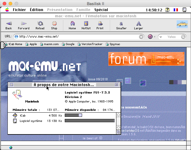 Ancienne interface Basilisk II affichant un émulateur Macintosh système FUI-7.5.3 avec informations mémoire et fenêtre forum mac-emu.net ouverte