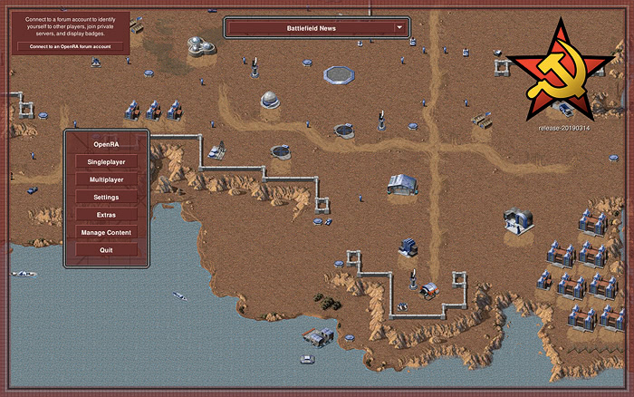 Écran de jeu stratégique montrant une carte de bataille avec interface de menu latérale et logo Hammer & Sickle (119 caractères)