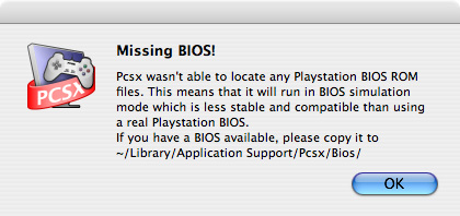 Fenêtre d'avertissement de l'émulateur PCSX signalant l'absence de fichier BIOS PlayStation
