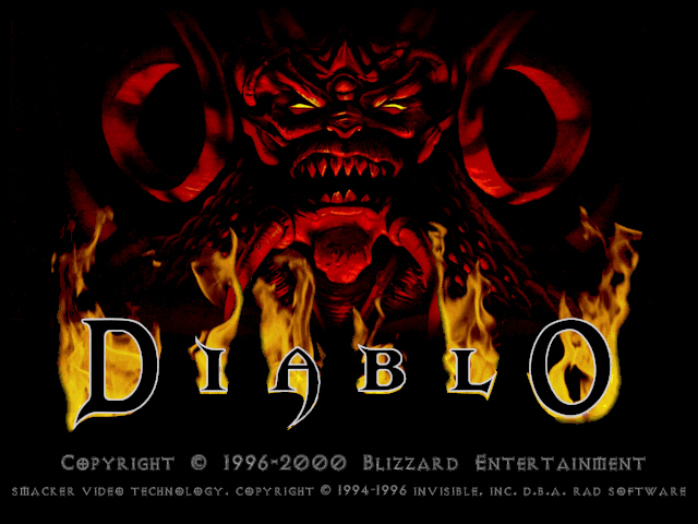 Logo du jeu vidéo Diablo avec un démon enflammé et le titre en lettres stylisées, édité par Blizzard Entertainment entre 1996 et 2000
