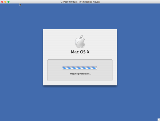 Écran d'installation de Mac OS X en préparation sur un émulateur PearPC avec barre de progression active