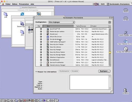 Une fenêtre logicielle sous environnement QEMU affichant le gestionnaire d’extensions avec liste des modules et leurs configurations pour un système virtualisé Mac OS.