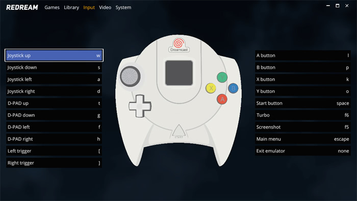 Configuration des boutons d'un émulateur de manette SNES dans Redream avec les touches clavier associées