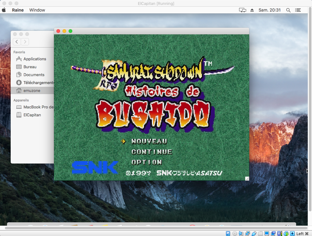Un écran affichant le menu de démarrage du jeu "Smash Court Tennis Histoires de Bushido" sur un émulateur Rainé sous système d'exploitation macOS