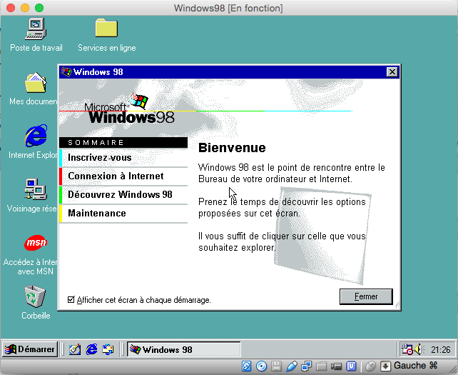Une fenêtre d'accueil de Windows 98 en français affichant le menu de bienvenue avec options de connexion et découverte du système