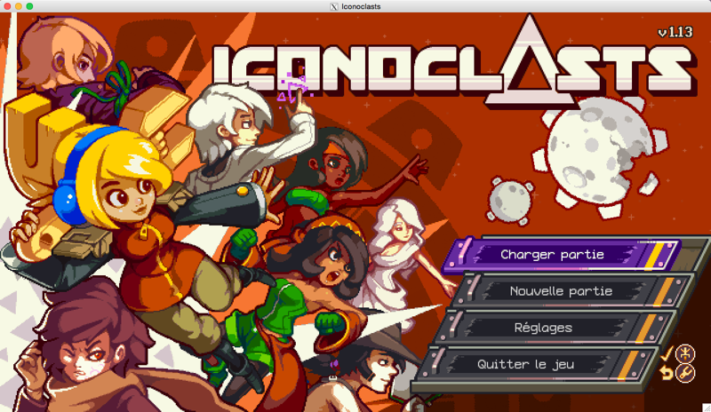 Écran de démarrage du jeu vidéo Iconoclasts affichant des personnages stylisés et des options de menu en français (108 caractères)