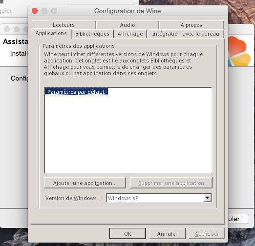 Fenêtre de configuration Wine affichant l’onglet Applications avec les paramètres par défaut pour imiter Windows XP et options pour ajouter ou supprimer des applications