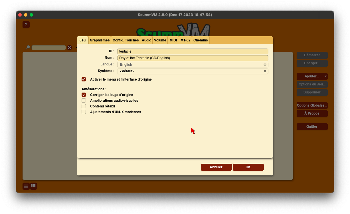 les options de scummvm pour un jeu