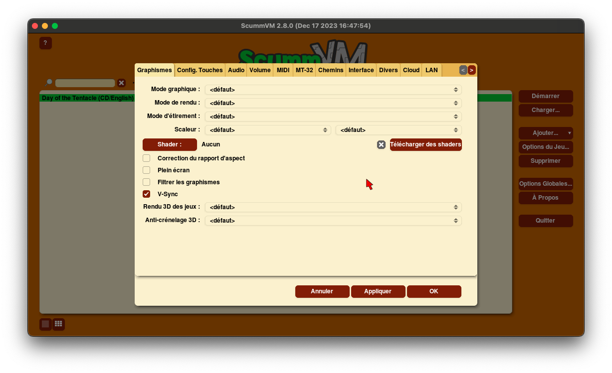 Les options graphiques globales de scummvm