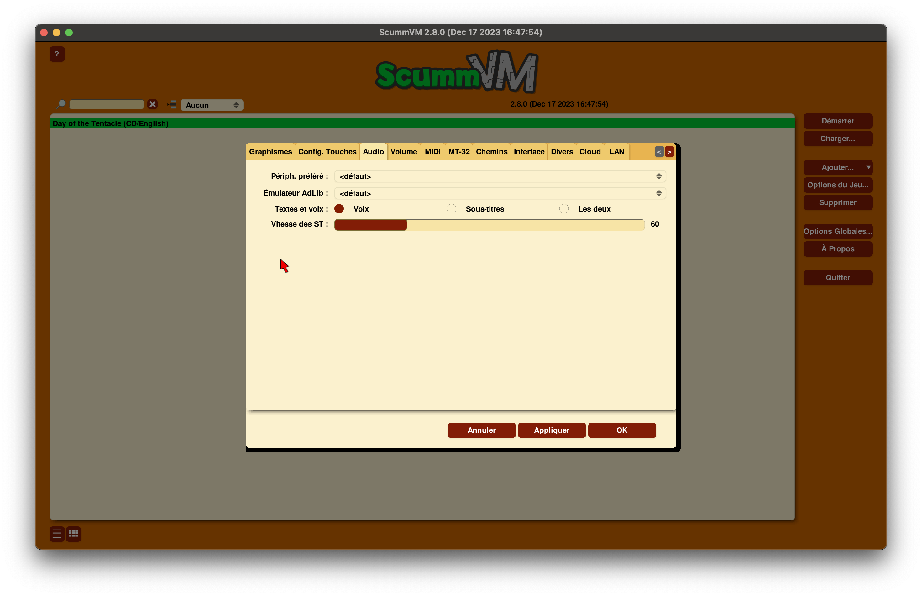 les options audio de scummvm