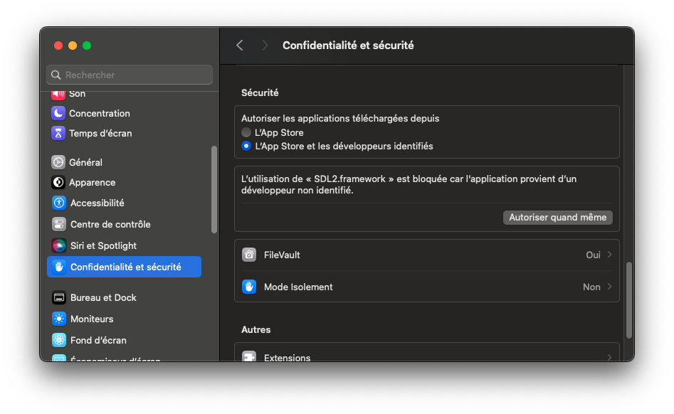 Les réglages de sécurité avec SDL à autoriser
