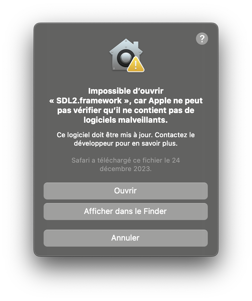Popup de sécurité permettant d'ouvrir SDL