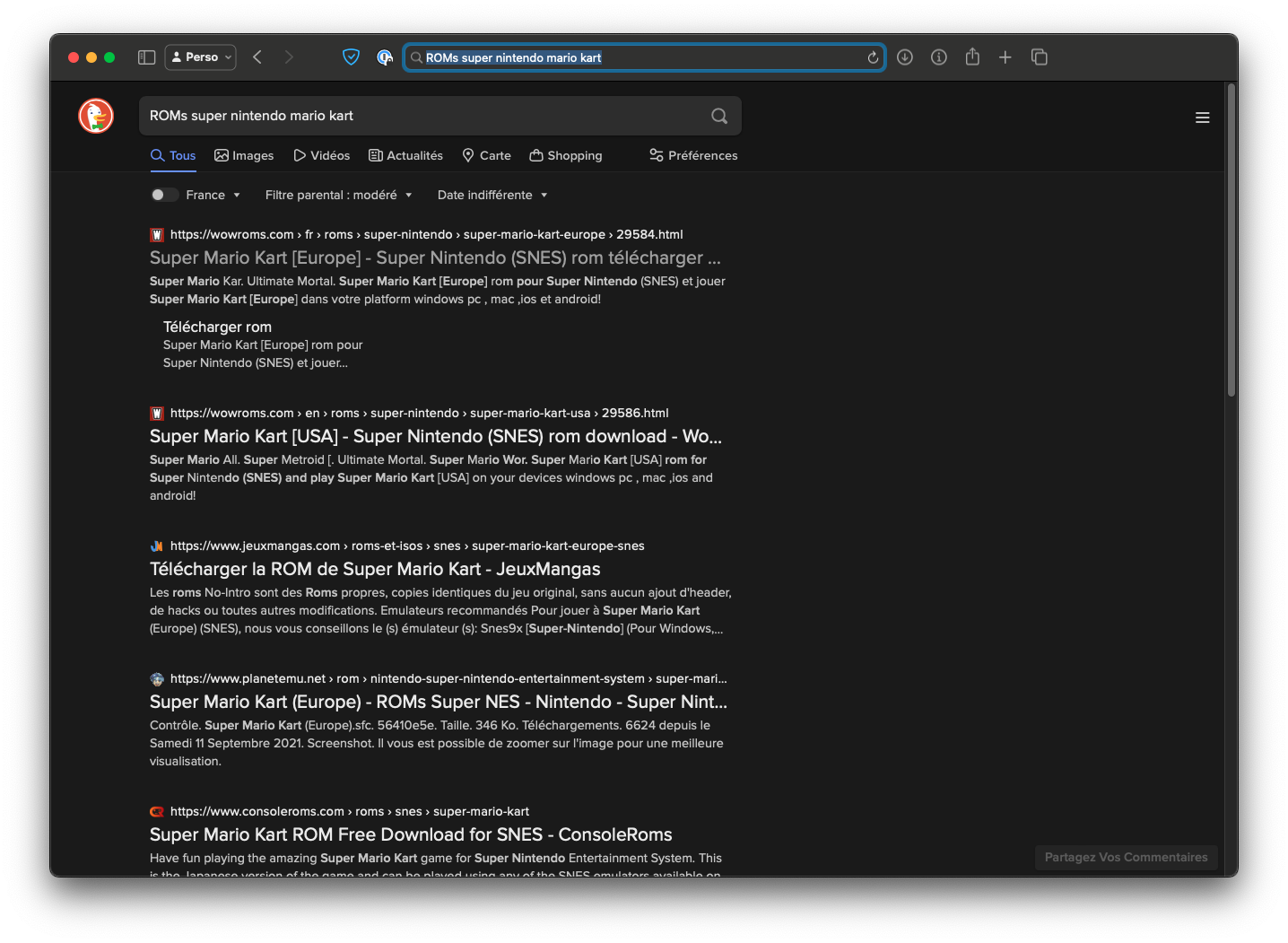Recherche de roms sur duckduckgo