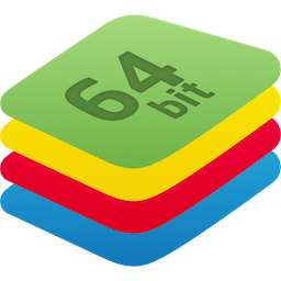 Une pile de trois icônes colorées représentant l'application BlueStacks avec le logo "64bit" en vert sur le dessus