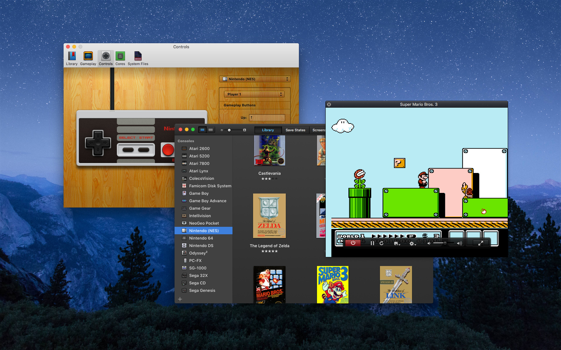 3 fenêtres dans OpenEmu : Launcher, Jeu, Préférences