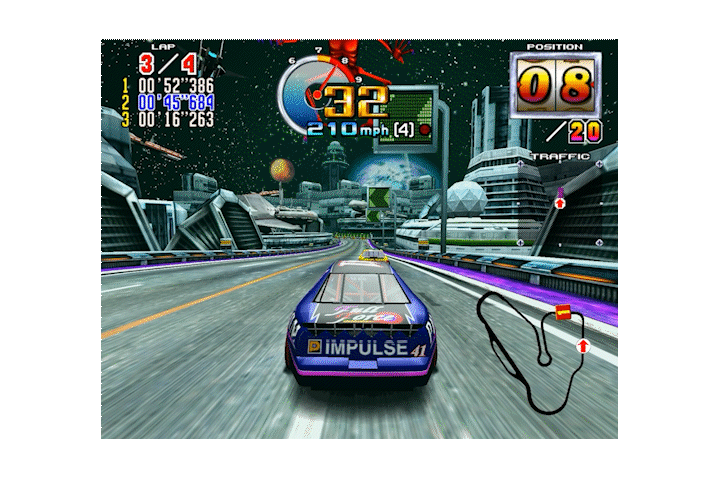 Voici une suggestion pour l'attribut alt : "Course futuriste dans un jeu vidéo avec voiture Impulse à 210 mph sur circuit spatial