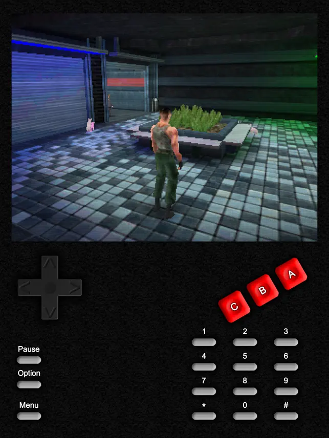 Un personnage de jeu vidéo vu depuis l'extérieur d'un bâtiment avec une interface de contrôle virtuelle affichant boutons et pavé numérique (100 caractères)