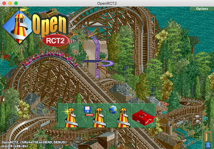 Roller Coaster Tycoon 2 Open RCT2 affichant un parc d'attractions avec montagnes russes et éléments de gestion